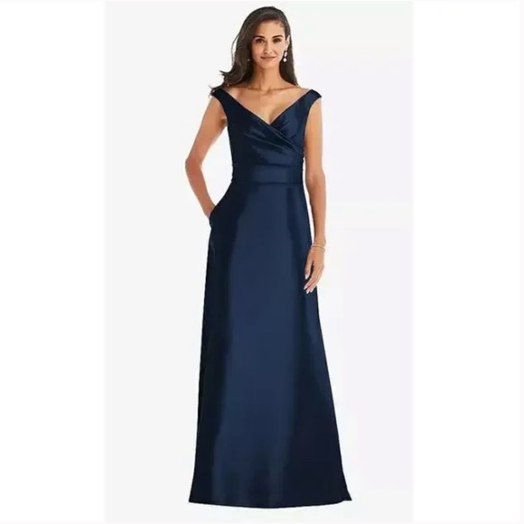 ALFRED SUNG Dresses & Skirts - Alfred Snug D811S Off the Shoulder Draped Wrap Satin Maxi Midnight